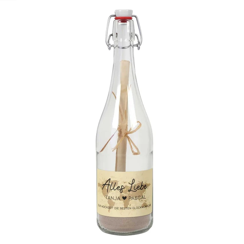 Flaschenpost mit Füllung "Alles Liebe" mit Vintage-Weltkarte als Geldgeschenk zur Hochzeit