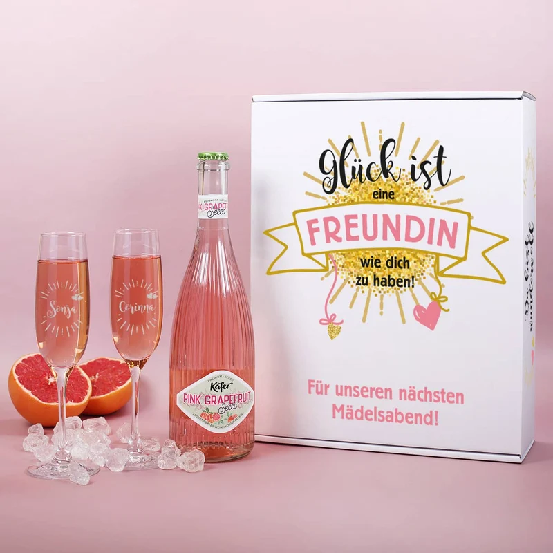 Geschenkset für die beste Freundin mit zwei Sektgläsern, einem Secco und bedruckter Pappbox