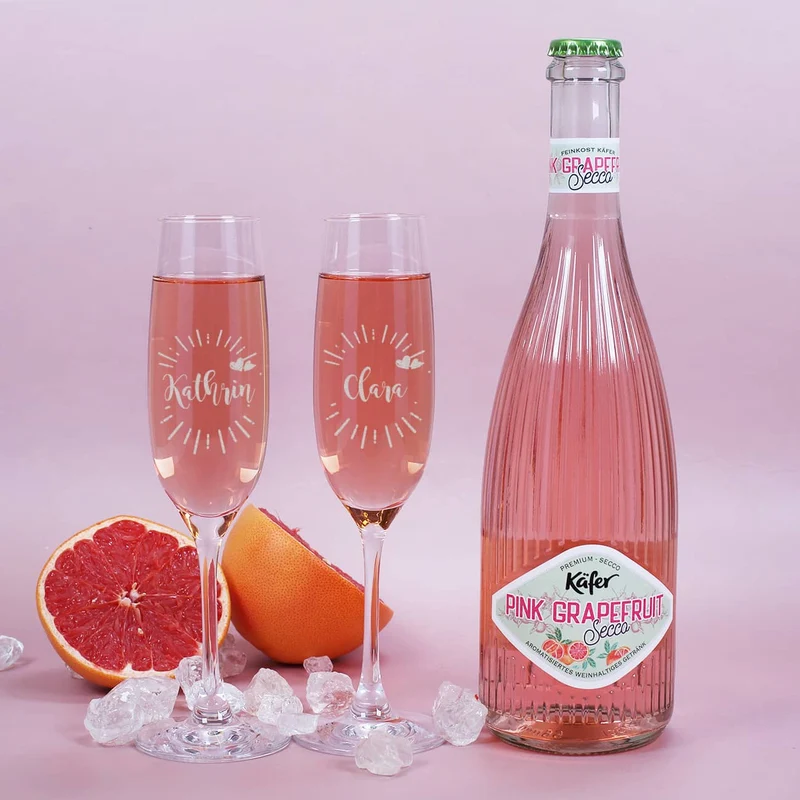 Geschenkset für die beste Freundin mit zwei Sektgläsern, einem Secco und bedruckter Pappbox