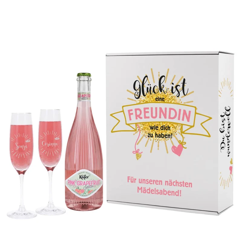 Geschenkset für die beste Freundin mit zwei Sektgläsern, einem Secco und bedruckter Pappbox