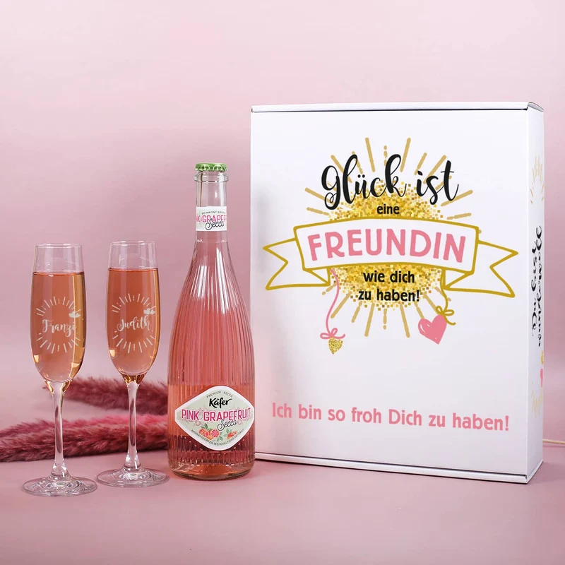 Geschenkset für die beste Freundin mit zwei Sektgläsern, einem Secco und bedruckter Pappbox