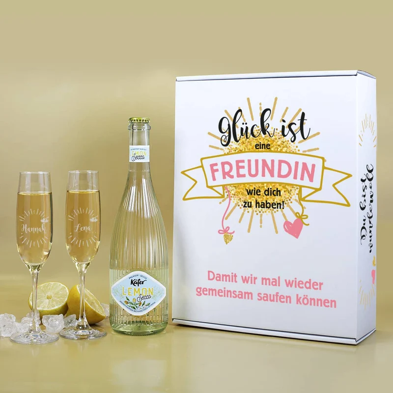 Geschenkset für die beste Freundin mit zwei Sektgläsern, einem Secco und bedruckter Pappbox