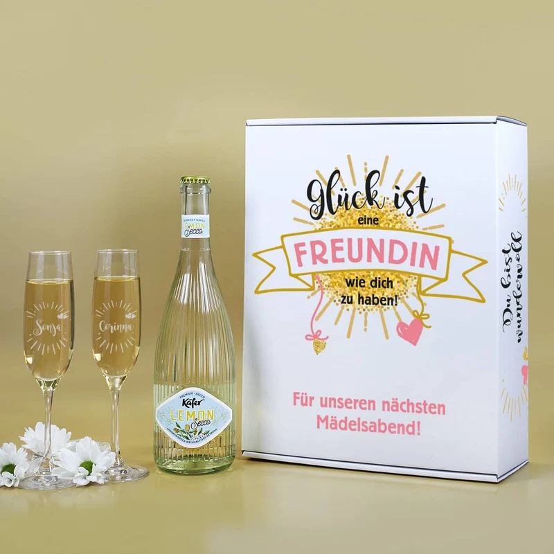 Geschenkset für die beste Freundin mit zwei Sektgläsern, einem Secco und bedruckter Pappbox