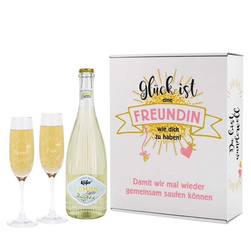 Geschenkset für die beste Freundin mit zwei Sektgläsern, einem Secco und bedruckter Pappbox