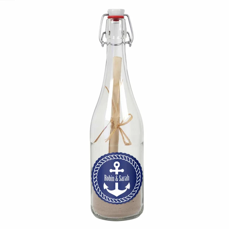 Romantische Flaschenpost mit maritimen Aufkleber und Ihren Wunschnamen