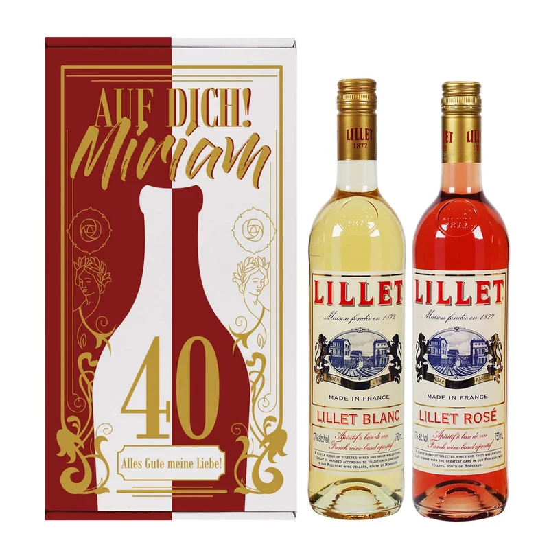 Geburtstagspräsent mit zwei Flaschen Lillet und einer persönlichen Geschenkverpackung