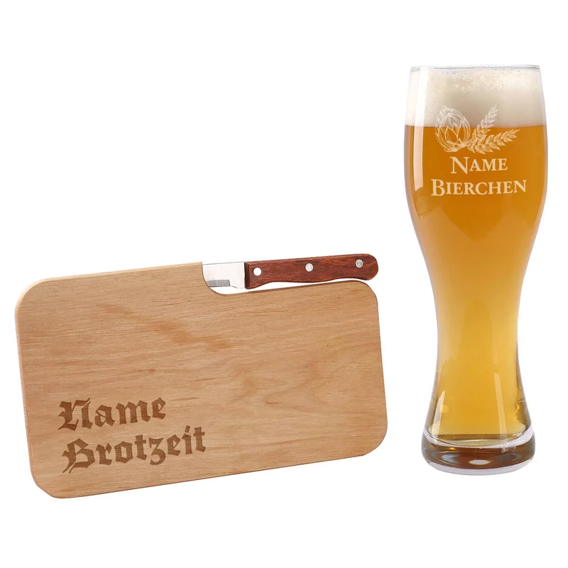 Weizenbierglas und Messerbrett Brotzeit mit Wunschnamen graviert