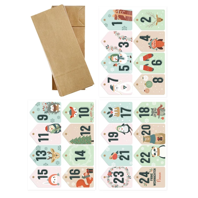 Adventskalender aus 24 Papiertüten und 24 Aufklebern mit Weihnachtsmotiven und Ihrem Wunschnamen