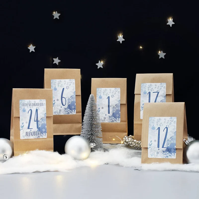 DIY Adventskalender im Watercolor Design mit 24 Aufklebern und Papiertüten