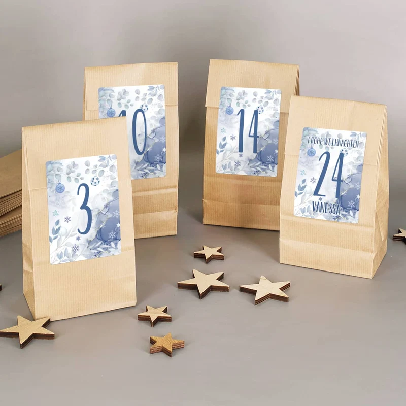 DIY Adventskalender im Watercolor Design mit 24 Aufklebern und Papiertüten