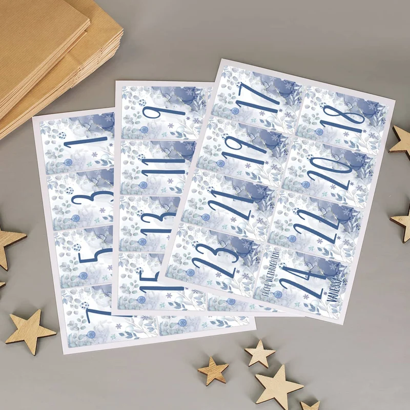 DIY Adventskalender im Watercolor Design mit 24 Aufklebern und Papiertüten
