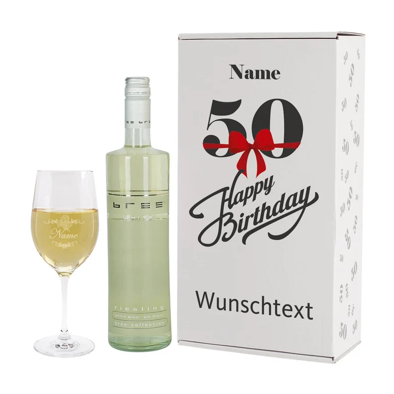 Geschenkset zum 50. Geburtstag mit graviertem Weinglas und Weinflasche in bedruckter Geschenkbox
