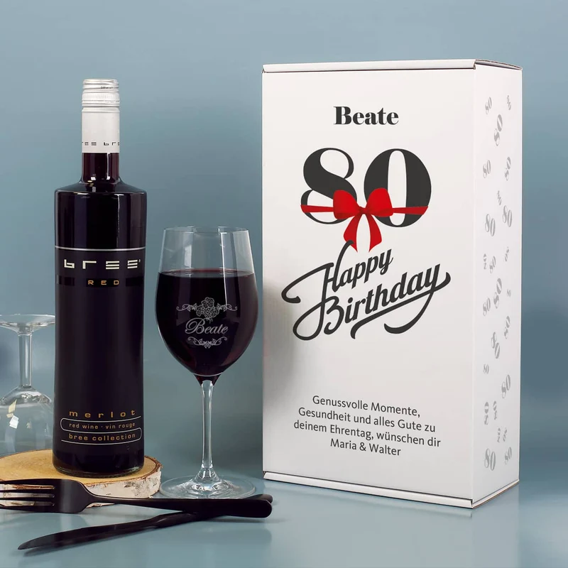 Weinset zum 80. Geburtstag mit Weinglas in bedruckter Geschenkverpackung