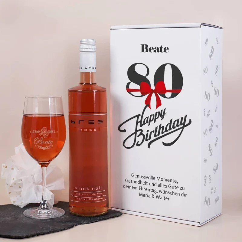Weinset zum 80. Geburtstag mit Weinglas in bedruckter Geschenkverpackung