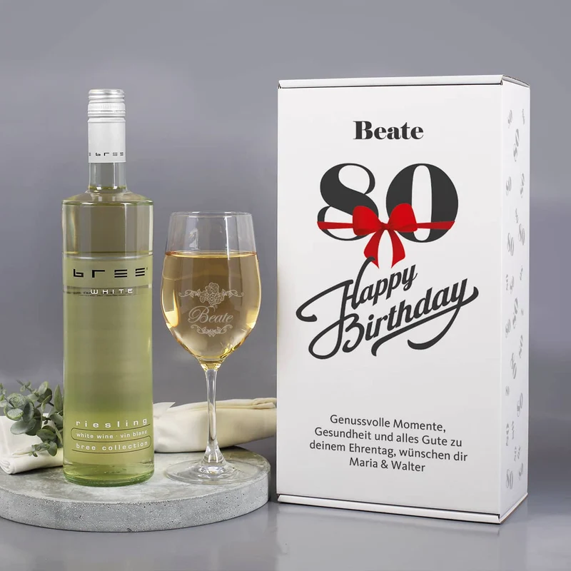 Weinset zum 80. Geburtstag mit Weinglas in bedruckter Geschenkverpackung