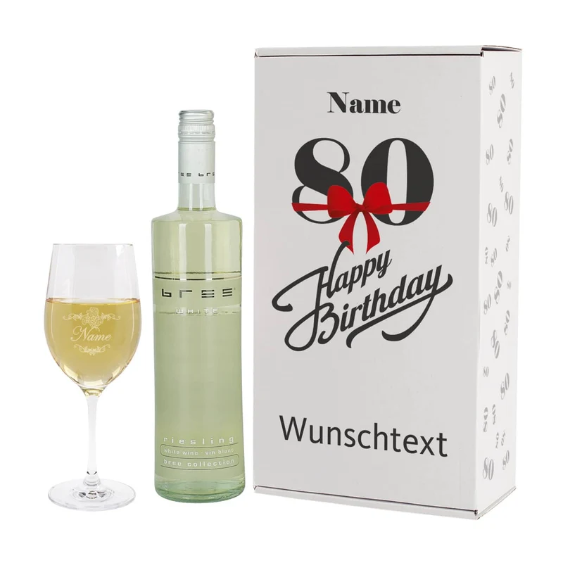 Weinset zum 80. Geburtstag mit Weinglas in bedruckter Geschenkverpackung