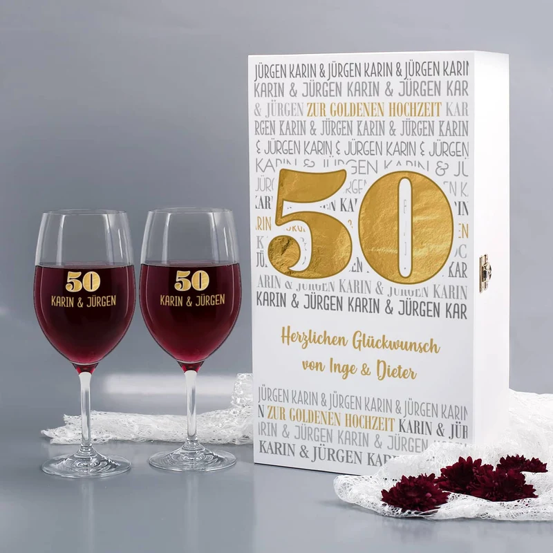 Geschenkset zur goldenen Hochzeit - Weingläser in edler Holzbox
