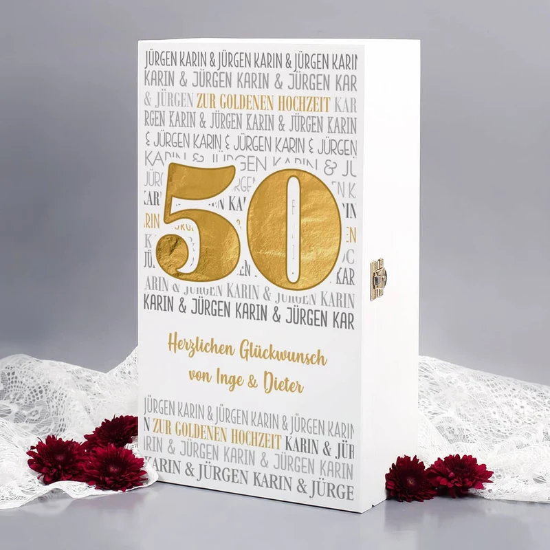 Geschenkset zur goldenen Hochzeit - Weingläser in edler Holzbox