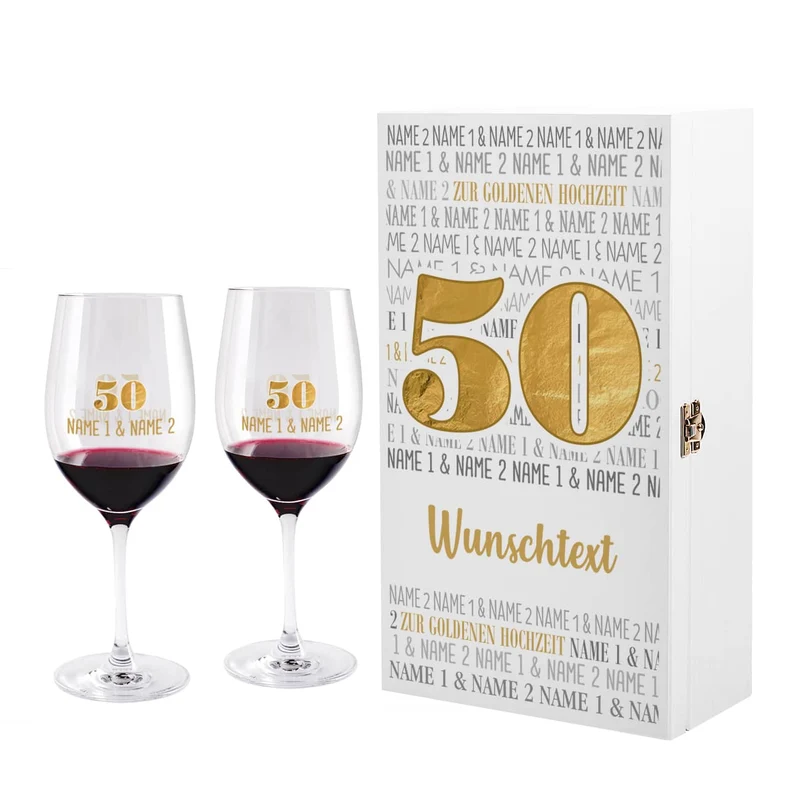 Geschenkset zur goldenen Hochzeit - Weingläser in edler Holzbox