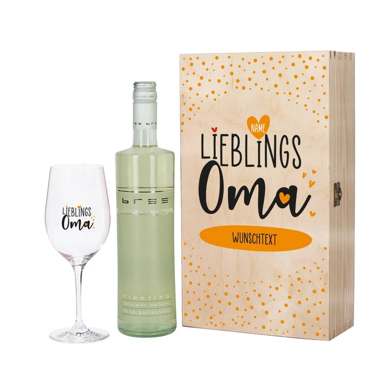 Lieblingsoma - Weingeschenk mit bedrucktem Glas in edler Holzverpackung