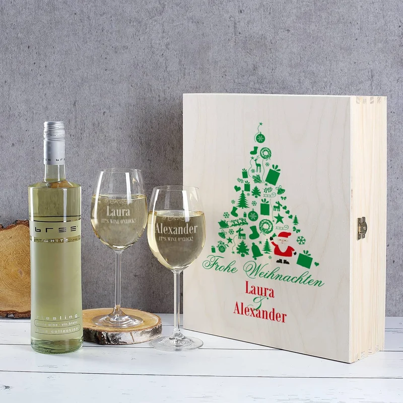 Weihnachtliches Weinset aus 2 gravierten Gläsern und Wein in Holzbox