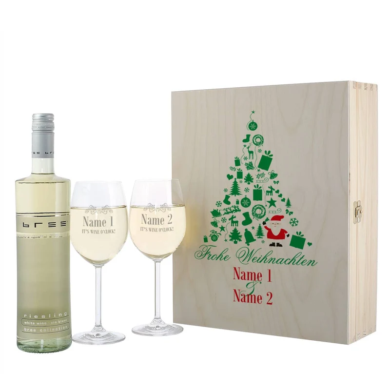 Weihnachtliches Weinset aus 2 gravierten Gläsern und Wein in Holzbox
