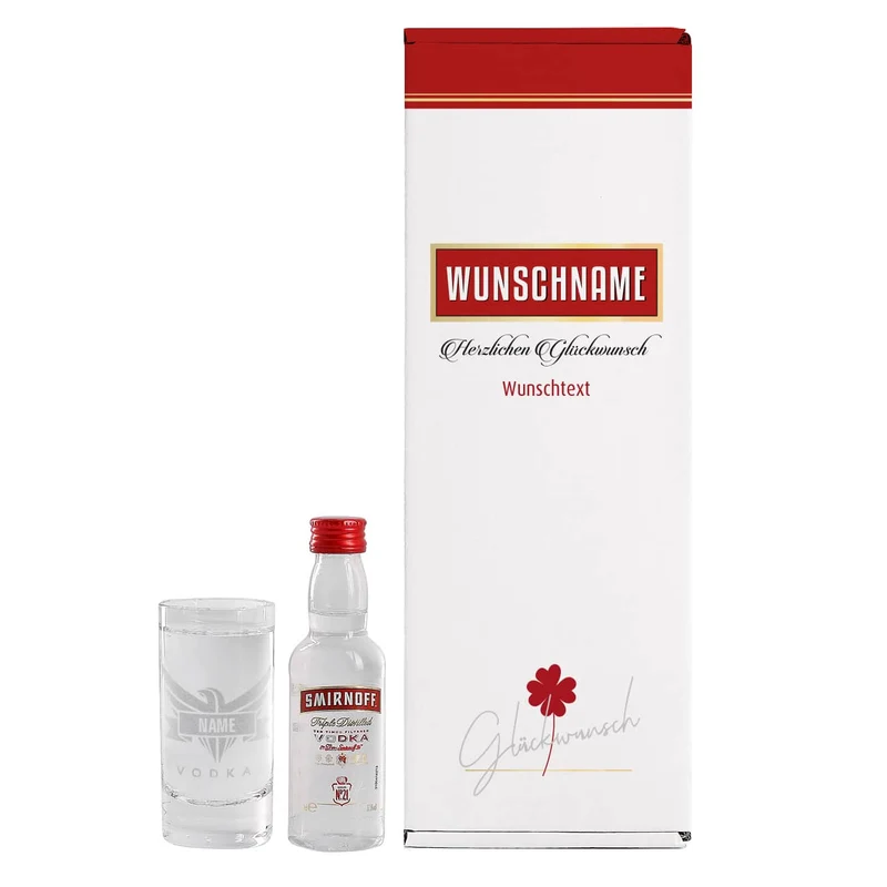 Vodka Smirnoff mit graviertem Vodkaglas in bedruckter Geschenkbox mit Glückwunschtext
