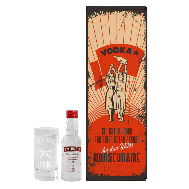 Vodka Smirnoff mit graviertem Vodkaglas in bedruckter Geschenkverpackung