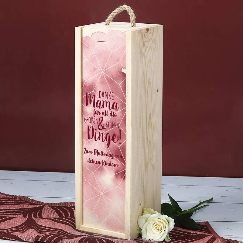 Muttertagsgeschenk - Weinflasche in bedruckter Holzbox mit Ihrem Wunschtext