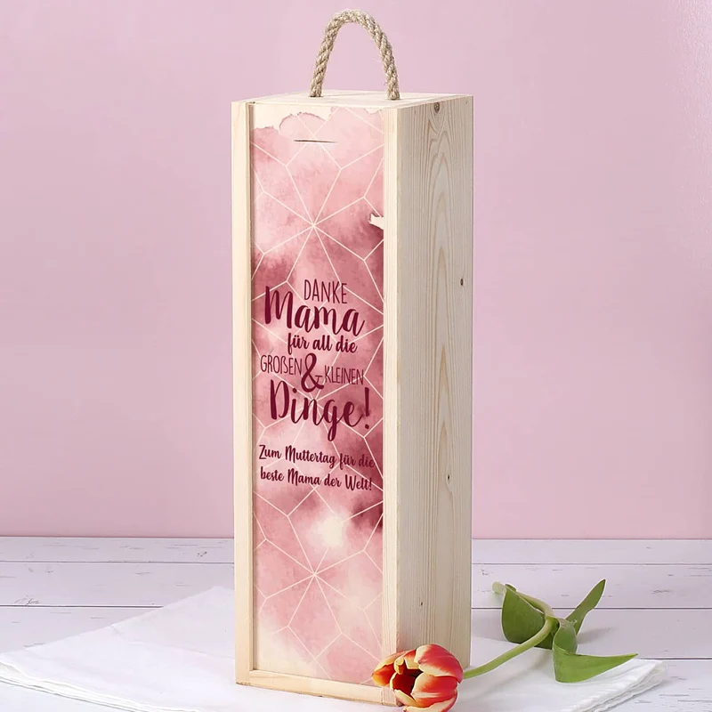 Muttertagsgeschenk - Weinflasche in bedruckter Holzbox mit Ihrem Wunschtext