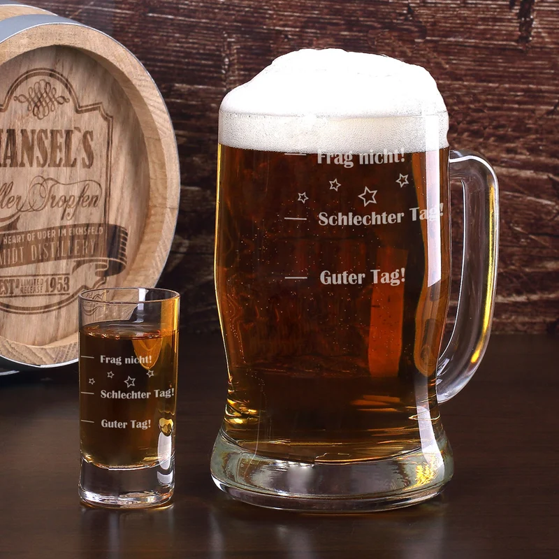 Bierseidel und Schnapsglas mit Stimmungsbarometer