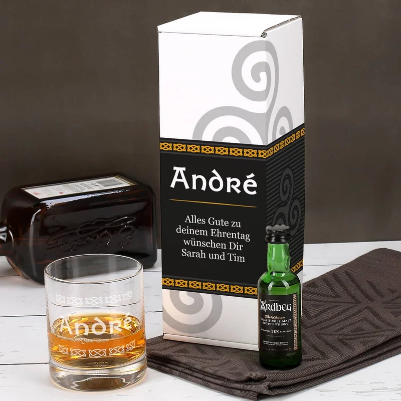 Whisky Geschenk-Set mit Ardbeg 10 Miniatur-Flasche und graviertem Glas