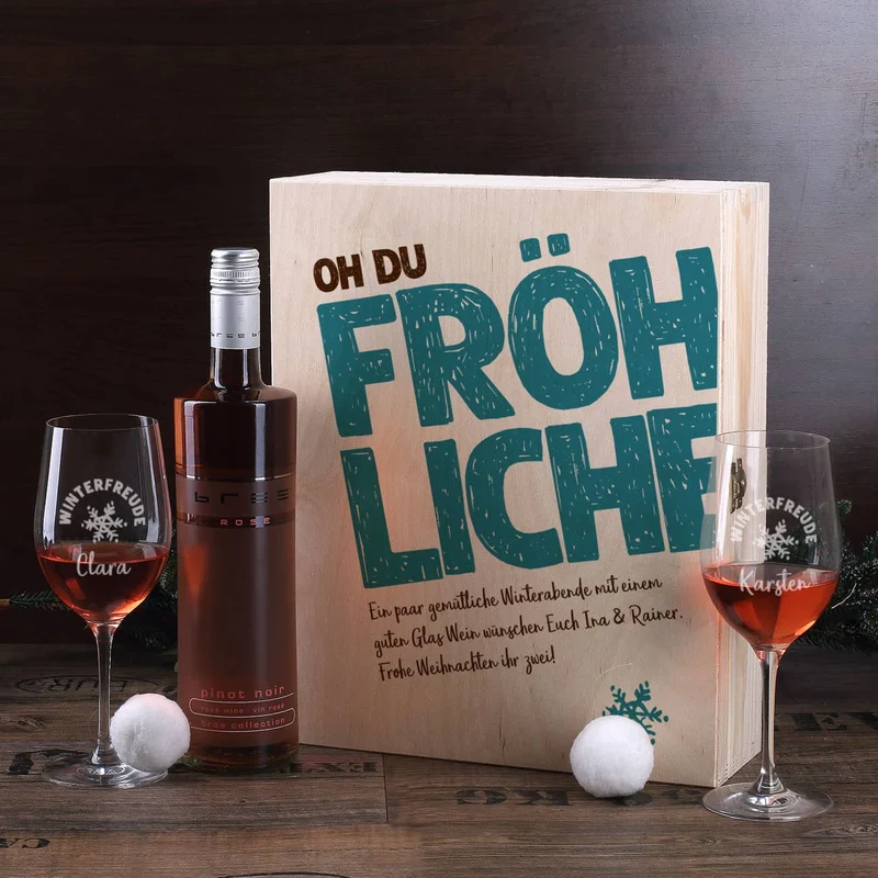 Oh du fröhliche... Weinset zum Fest - 2 gravierte Gläser, 1 Weinflasche in bedruckter Holzbox