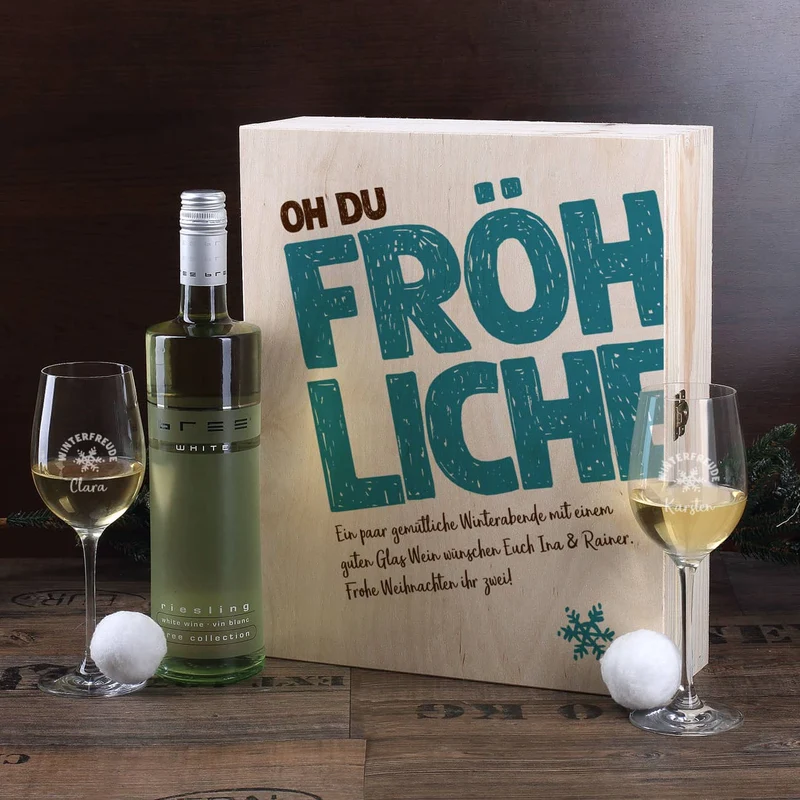 Oh du fröhliche... Weinset zum Fest - 2 gravierte Gläser, 1 Weinflasche in bedruckter Holzbox