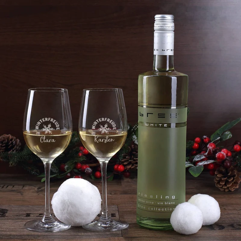 Oh du fröhliche... Weinset zum Fest - 2 gravierte Gläser, 1 Weinflasche in bedruckter Holzbox