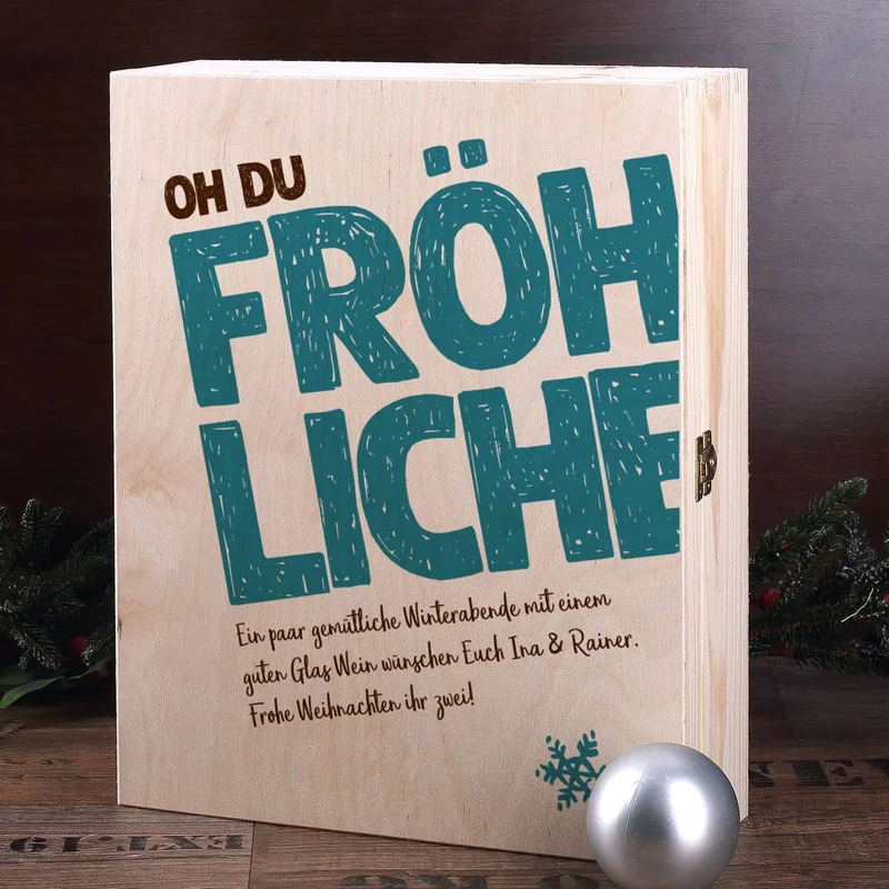 Oh du fröhliche... Weinset zum Fest - 2 gravierte Gläser, 1 Weinflasche in bedruckter Holzbox
