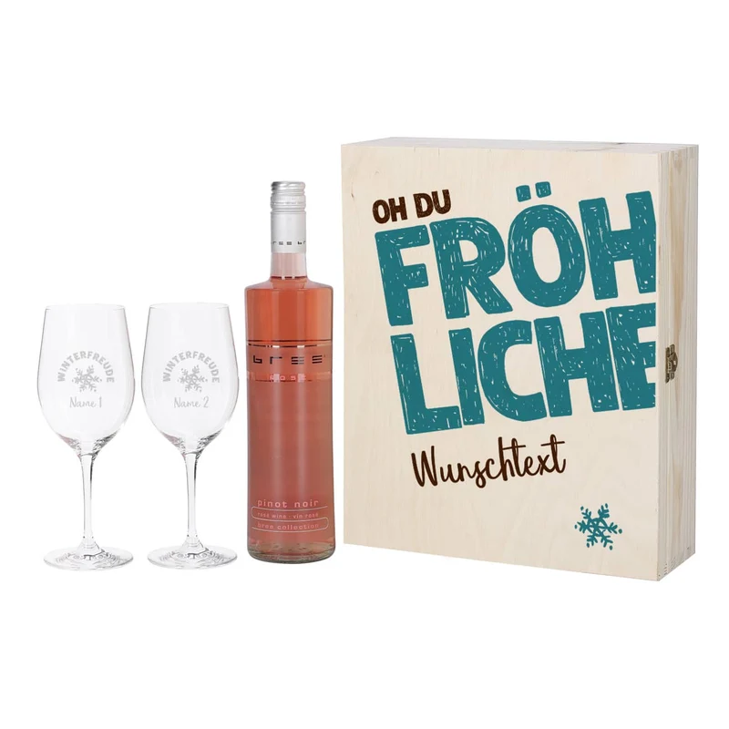 Oh du fröhliche... Weinset zum Fest - 2 gravierte Gläser, 1 Weinflasche in bedruckter Holzbox