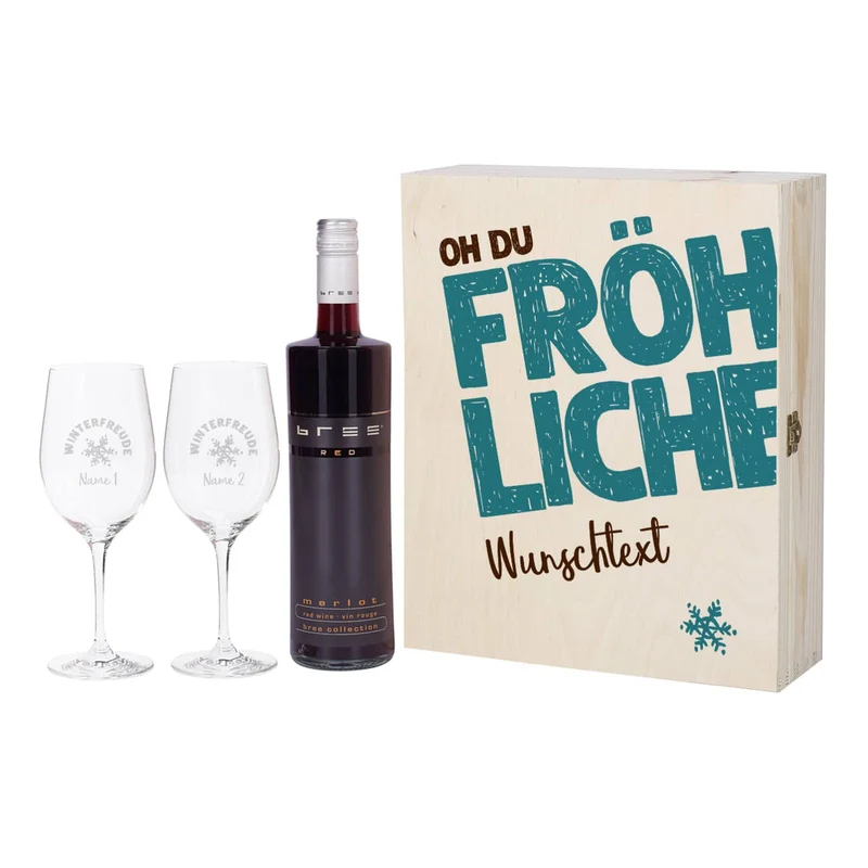 Oh du fröhliche... Weinset zum Fest - 2 gravierte Gläser, 1 Weinflasche in bedruckter Holzbox