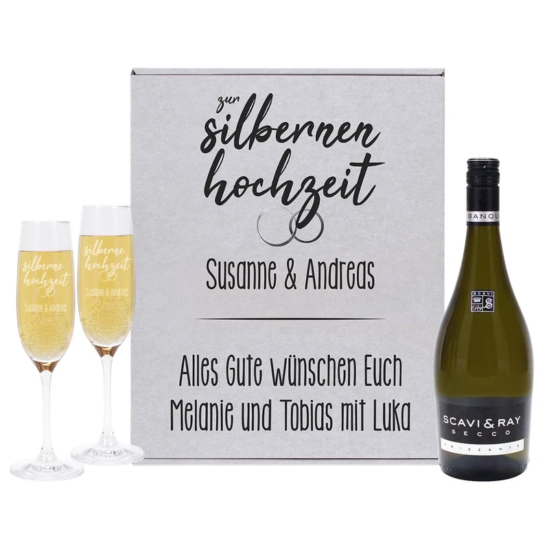 Silberhochzeits-Secco und zwei gravierte Sektgläser in einer Box