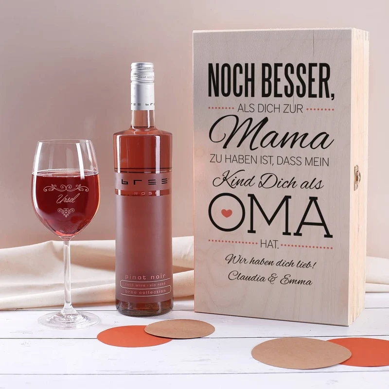 Weinset für die beste Oma mit graviertem Glas, BREE Wein und Holzbox