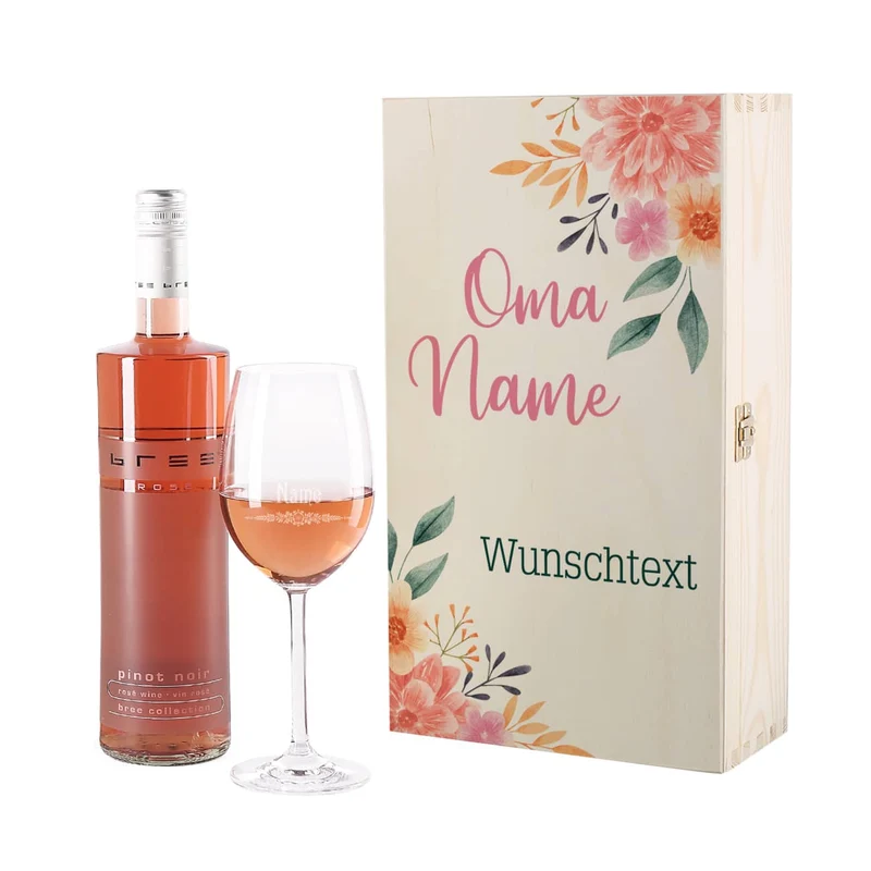 Wein-Geschenkset für die Oma mit Holzbox, Weinglas und BREE Weinflasche