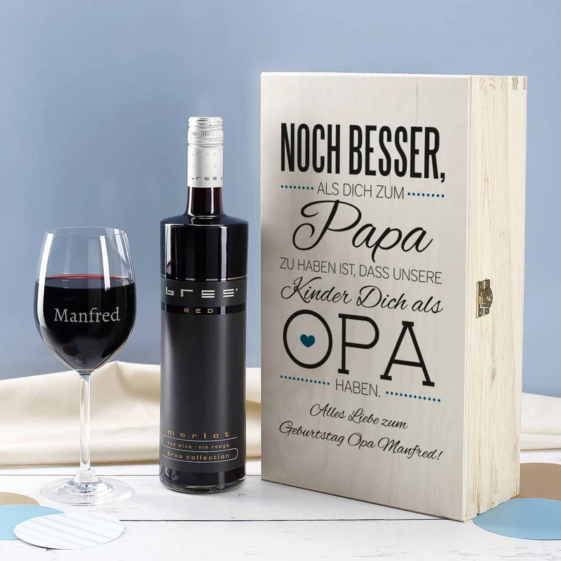 Weinflasche mit graviertem Glas und Holzbox für den besten Opa