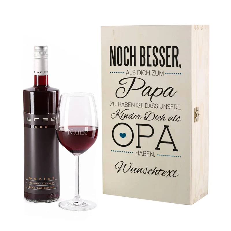 Weinflasche mit graviertem Glas und Holzbox für den besten Opa