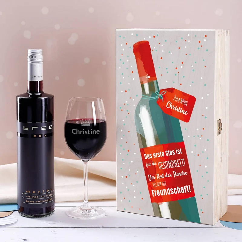 Weinset - Auf die Freundschaft - mit graviertem Glas in edler Holzverpackung
