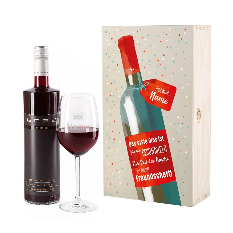 Weinset - Auf die Freundschaft - mit graviertem Glas in edler Holzverpackung