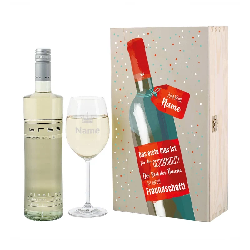 Weinset - Auf die Freundschaft - mit graviertem Glas in edler Holzverpackung