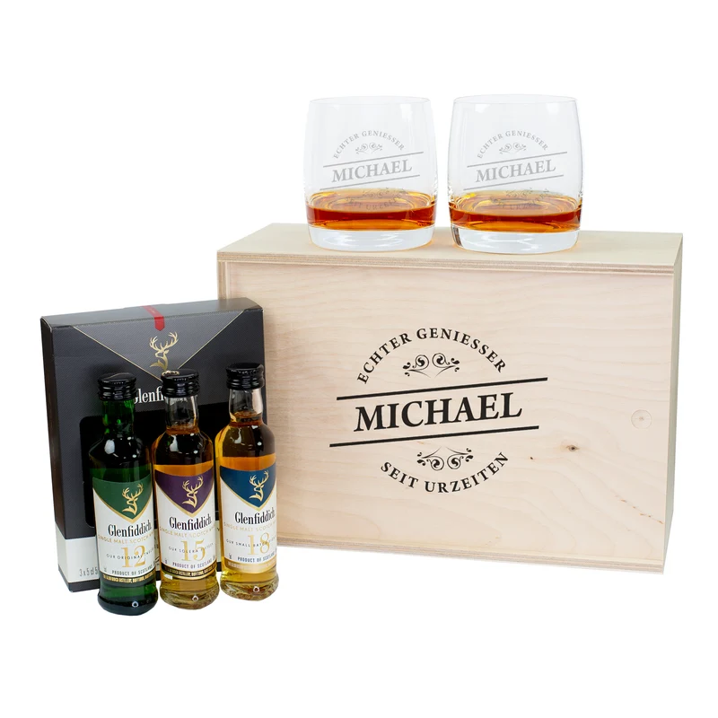 Whisky Geschenkset mit 2 Gläsern, 3 Flaschen Glenfiddich Whiskey & Geschenkbox aus Holz