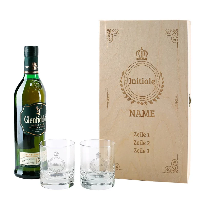 Glenfiddich Whisky Geschenkset mit Monogramm, Name und Wunschtext graviert
