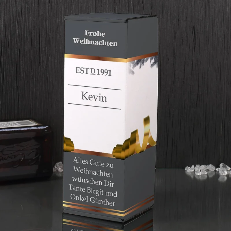 Bowmore Mini Flasche mit graviertem Whiskyglas im Inlay mit bedruckter Pappbox als Weihnachtsidee