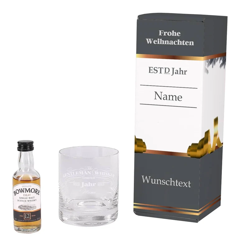 Bowmore Mini Flasche mit graviertem Whiskyglas im Inlay mit bedruckter Pappbox als Weihnachtsidee